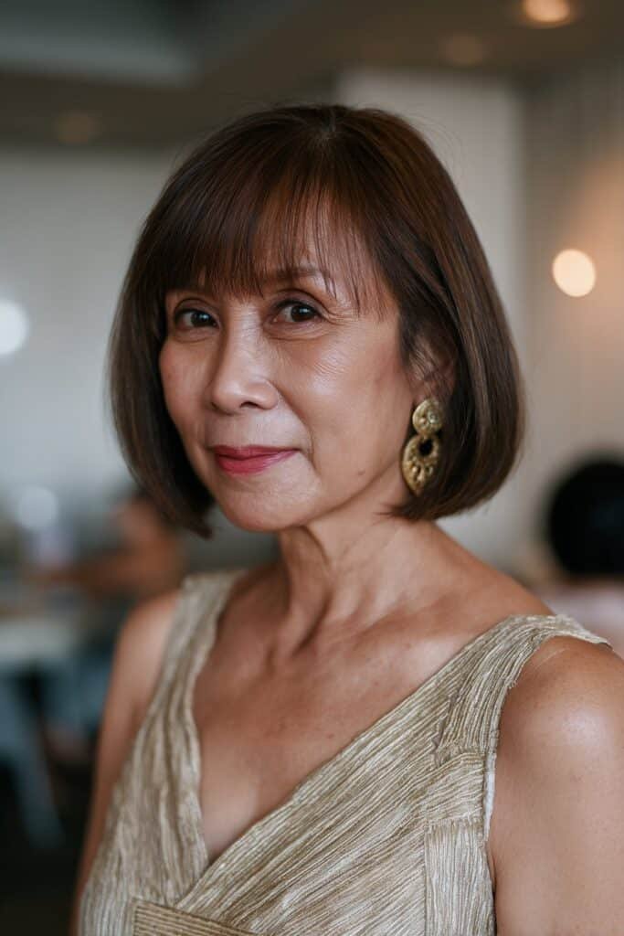 mother of the bride blunt bangs sleek low bun hairstyle