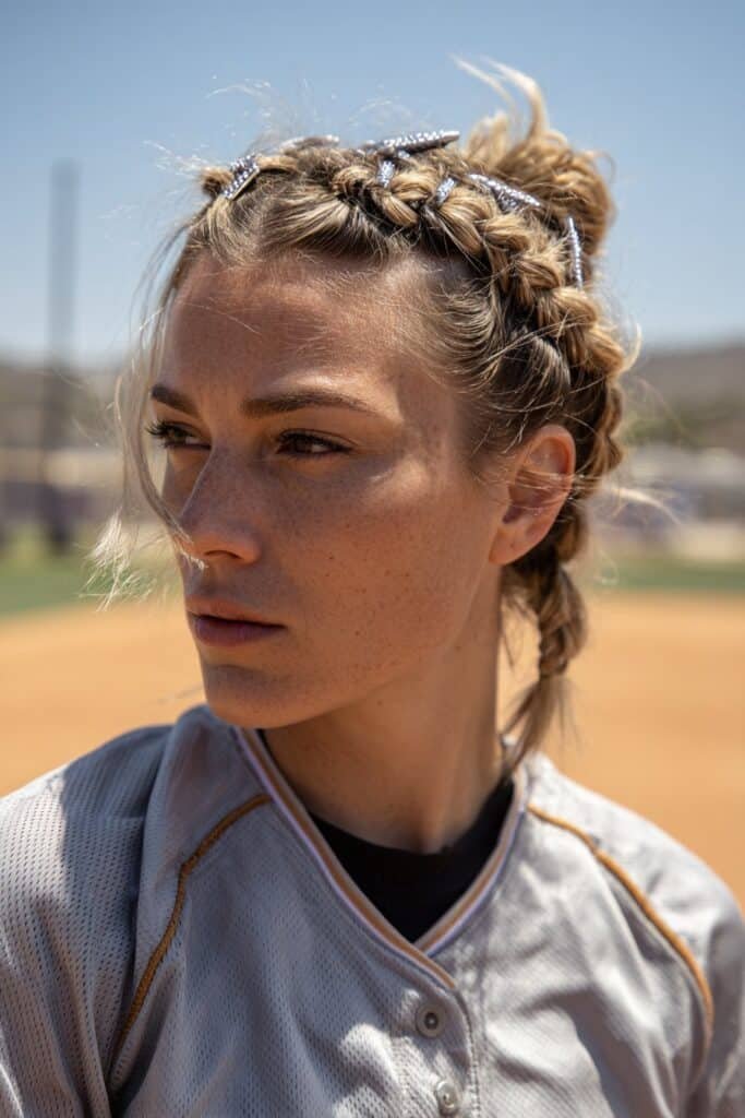 girl with bobby pin crown, secure softball hairstyles look