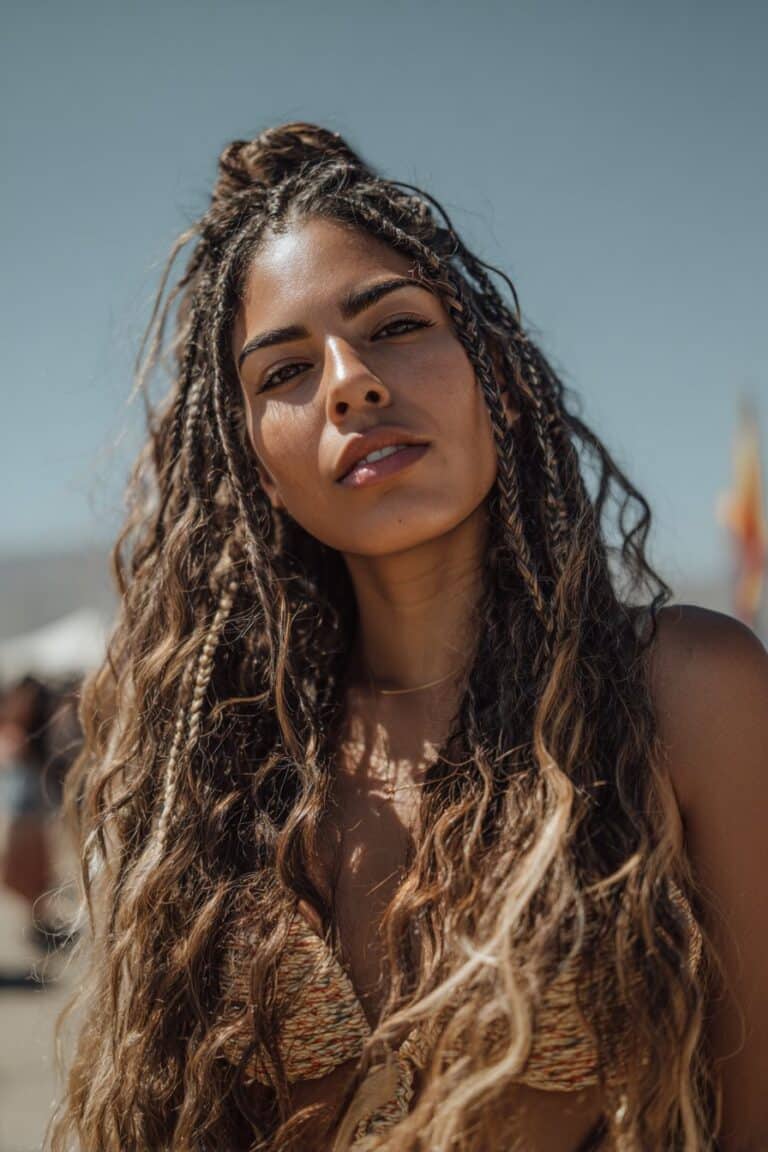 woman with bohemian braids hairstyle, loose wavy braids