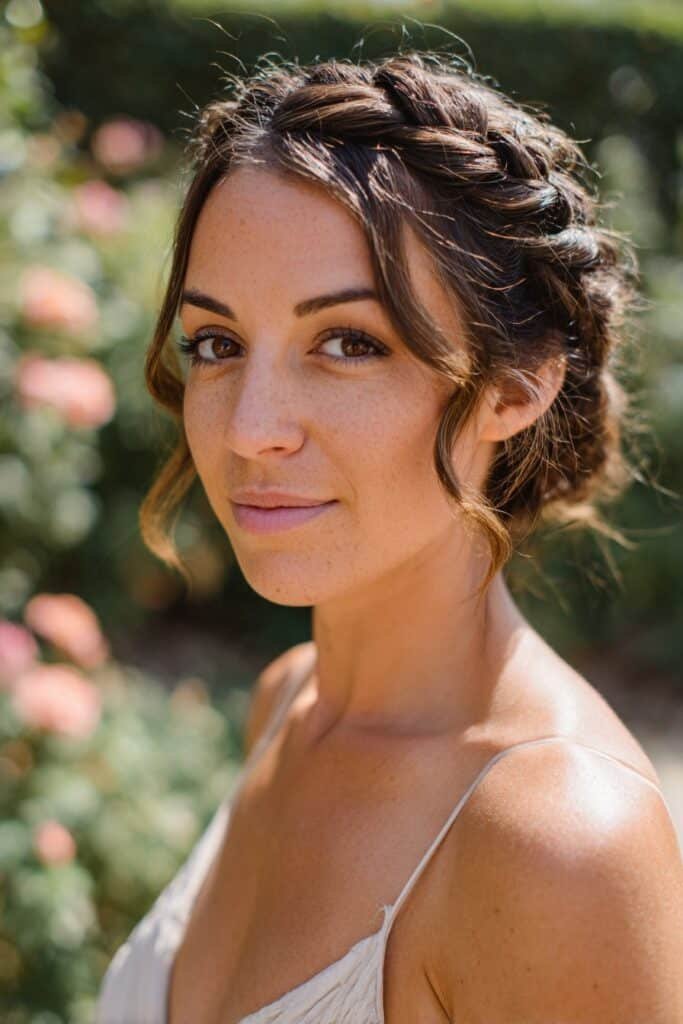 bridesmaid with braided crown updo and soft elegant finish