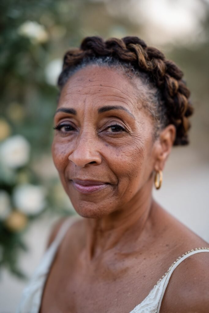mother of the groom hairstyles braided crown updo on older woman