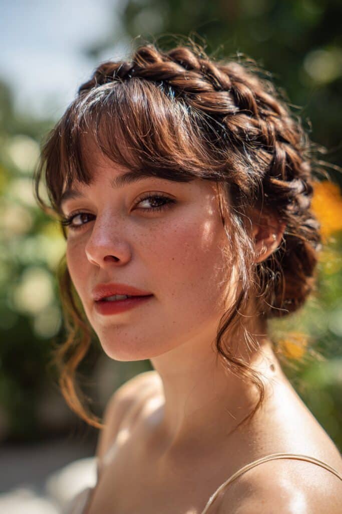 braided crown updo with side-swept bangs, soft romantic hairstyle close view