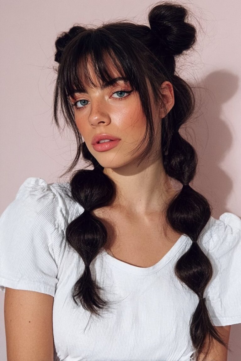 woman with bubble ponytail hairstyle and soft bangs, rounded sections