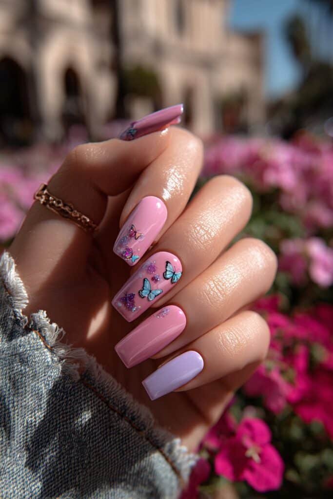 Pastel nails with small butterfly designs in soft spring colors.