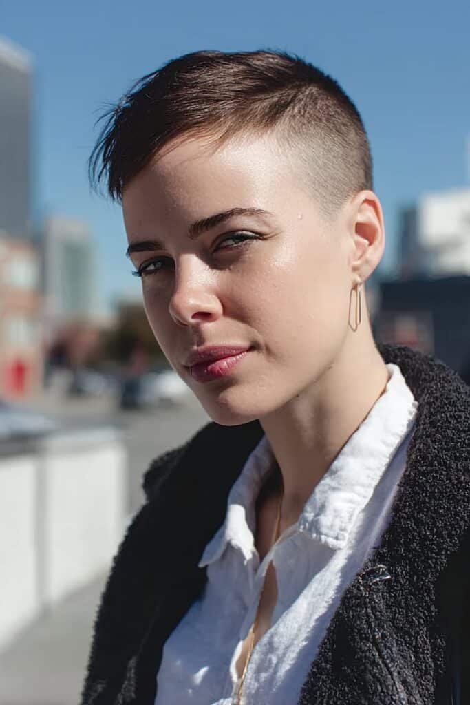 woman with buzz cut, clean short hair and sharp minimal style