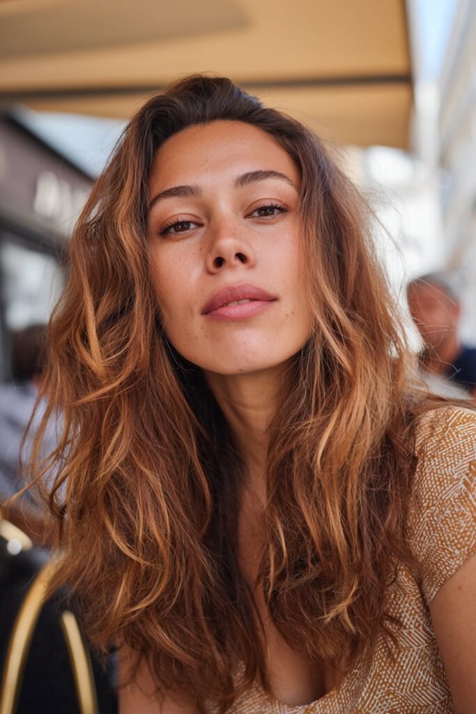 caramel swirl highlights on brunette hair with soft wavy texture
