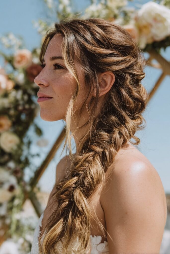 bridesmaid with cascading fishtail braid and soft texture