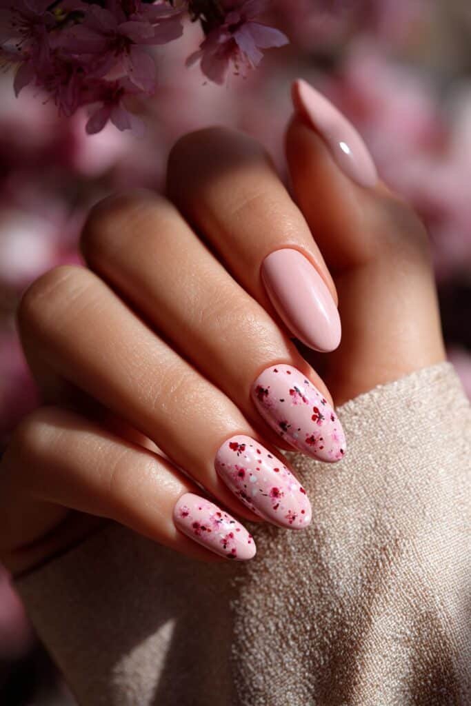 Soft pink almond nails with cherry blossom flower designs.