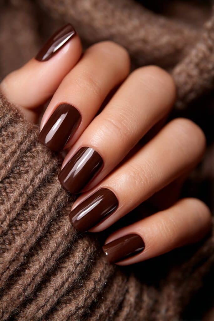 Chocolate brown nails with rich glossy finish.