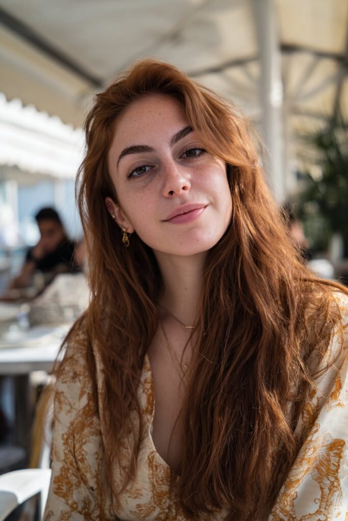 brunette hair with cinnamon-toned highlights and warm glow
