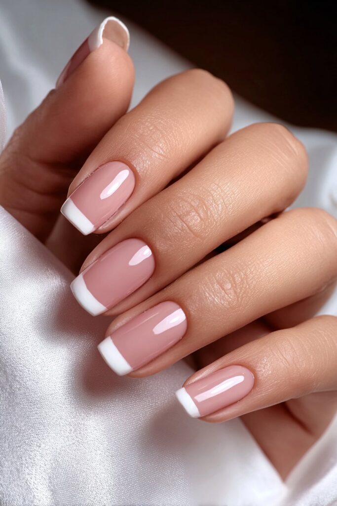 Square nails with classic french tips and clean white edges.