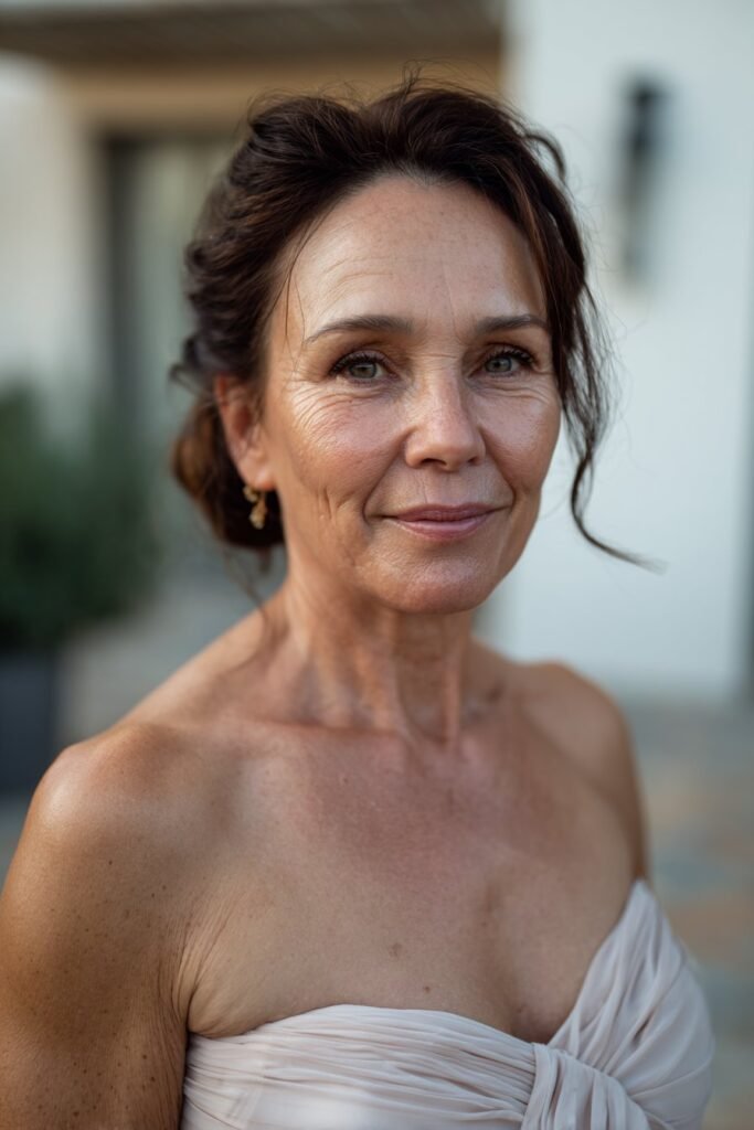 older woman with classic French twist hairstyle for summer wedding