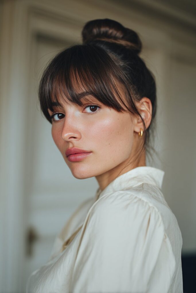 woman with classic French twist updo and soft bangs, elegant hairstyle close-up