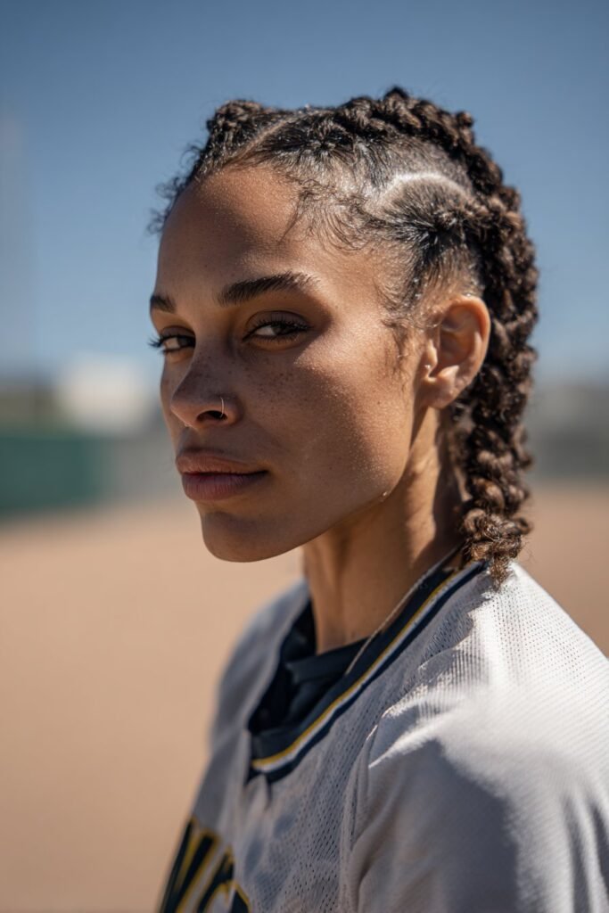 girl with cornrows low style, softball hairstyles for short hair