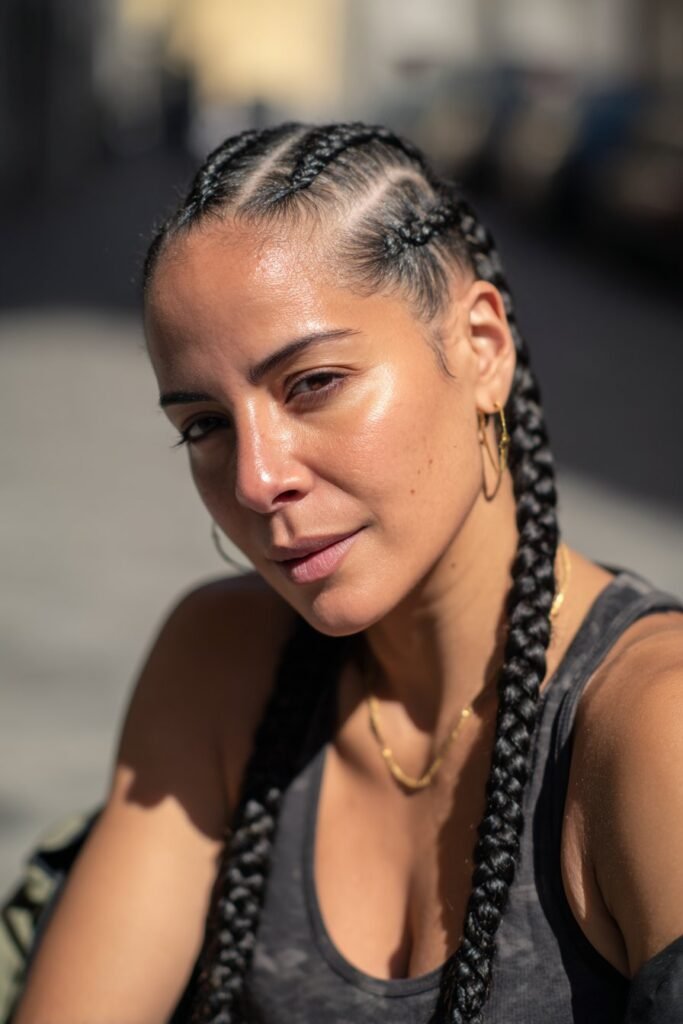 woman with cornrows hairstyle, straight back braids