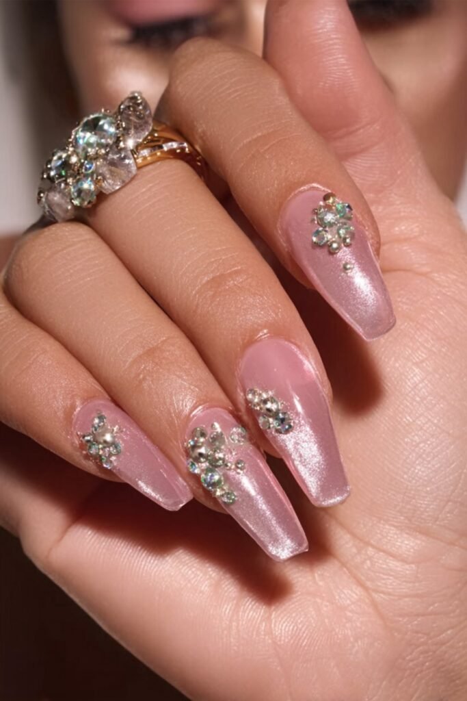 Rose pink nails with crystal embellishments and rhinestones