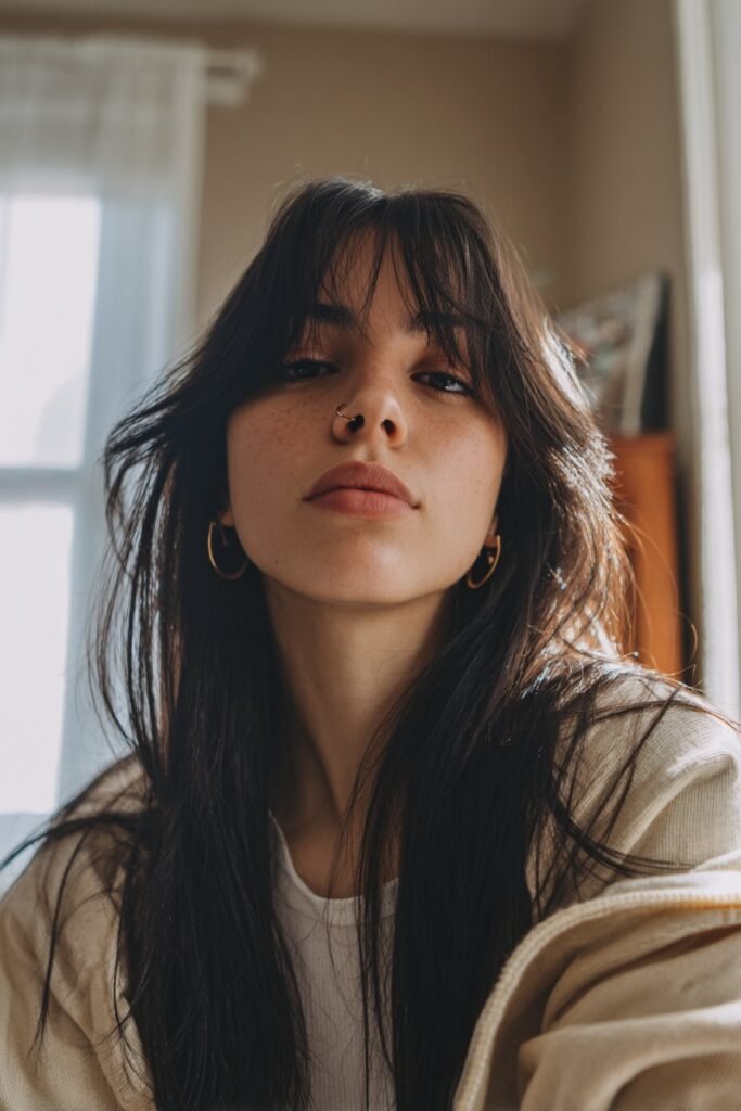 long hair with curtain bangs, middle part soft layered hairstyle