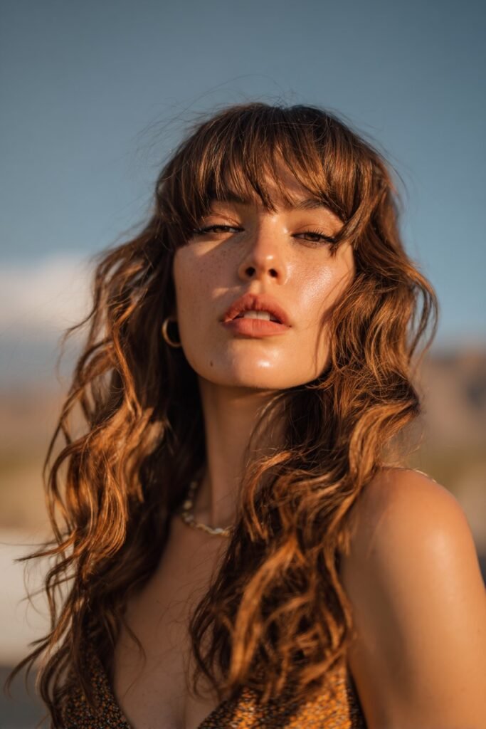 curtain bangs with loose waves Coachella hairstyle