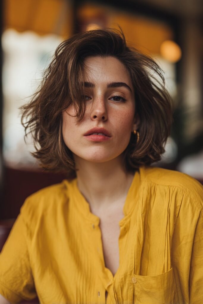 curtain-parted shag with layered texture and soft volume, retro hairstyle