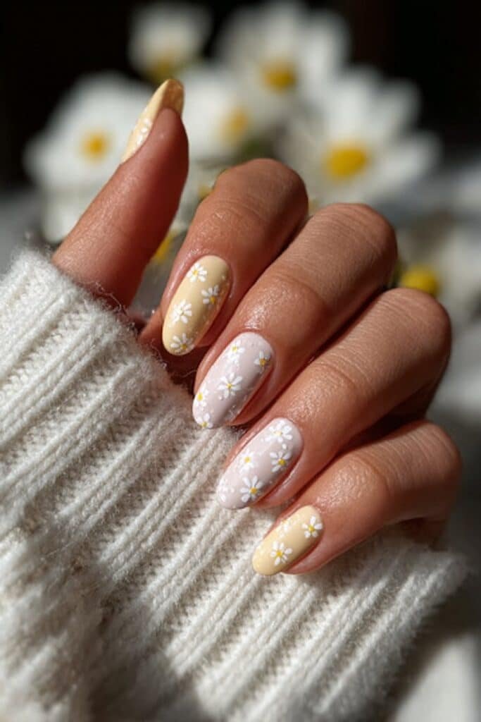 Pastel yellow nails with tiny daisy chain floral patterns.