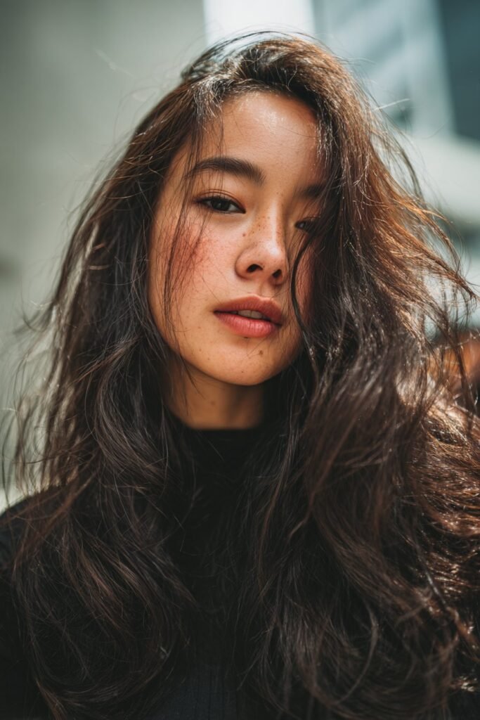 dark brunette hair with subtle dimensional highlights and shine
