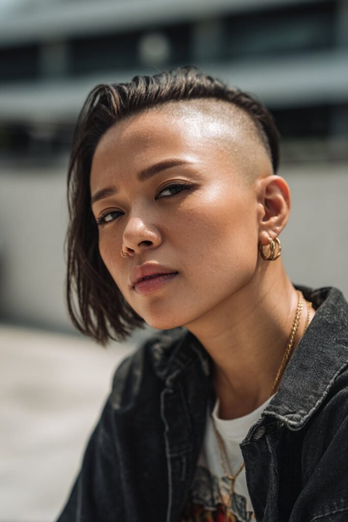 disconnected undercut with long top and shaved sides, bold contrast hairstyle