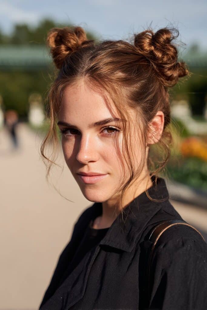 woman with double twisted low bun hairstyle, soft volume