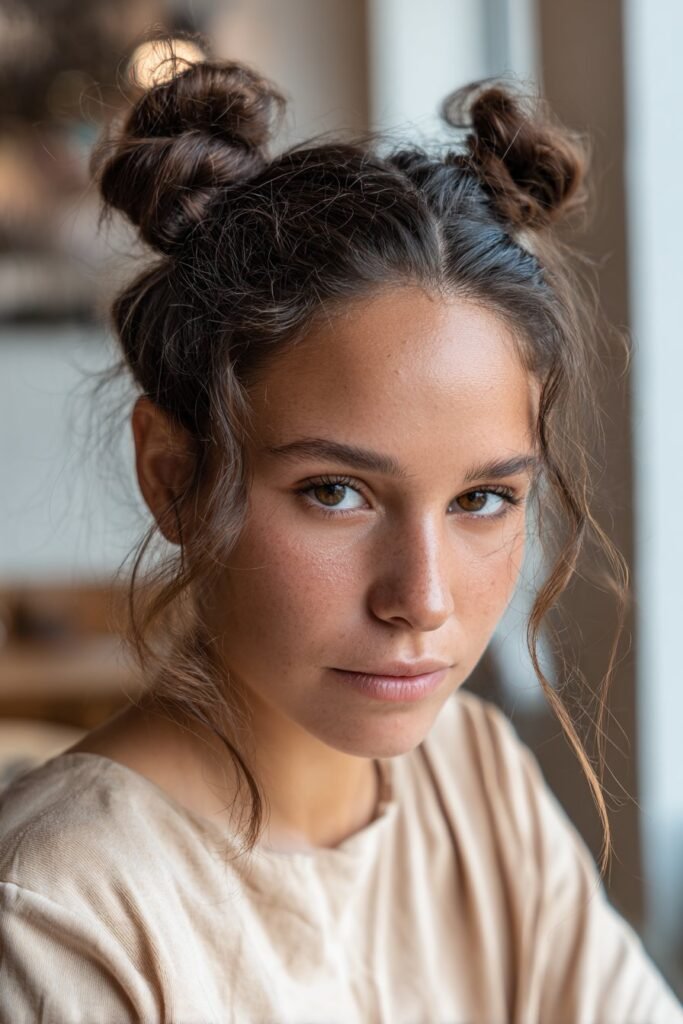woman with double twisted low bun hairstyle, symmetrical twist detail