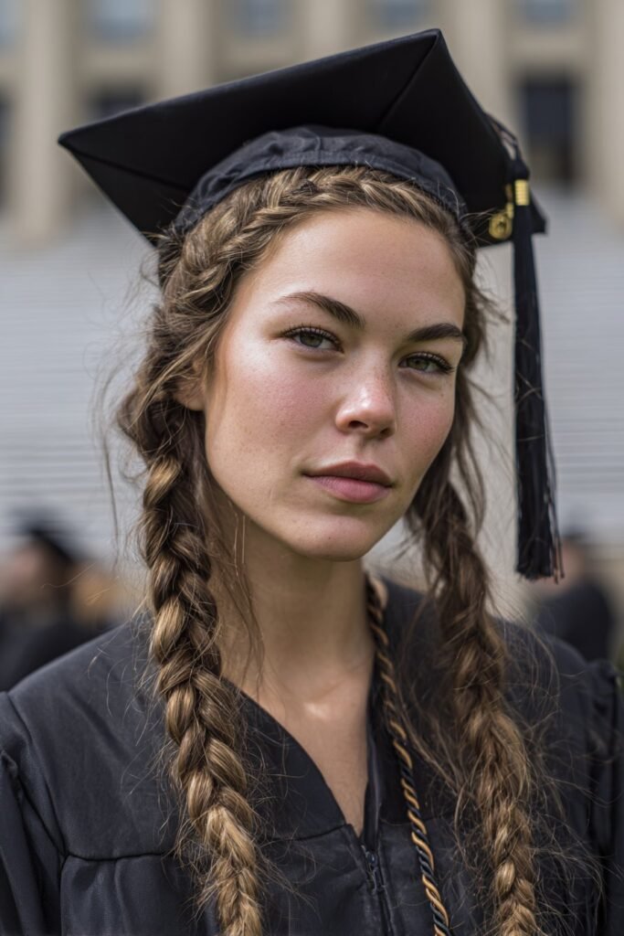 Dutch braid graduation hairstyle, bold braid along scalp under cap