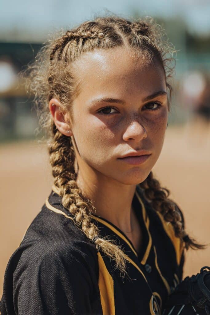 girl with Dutch braid on short hair, tight softball hairstyles