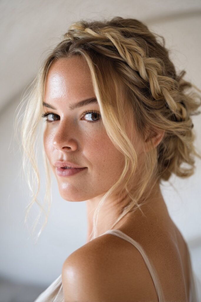 bridesmaid with dutch braid into low bun hairstyle