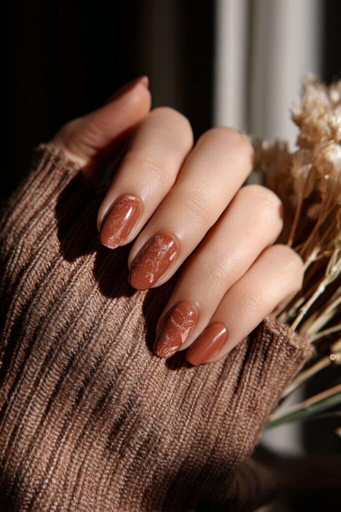 Terracotta toned nails with earthy warm shades and natural finish.