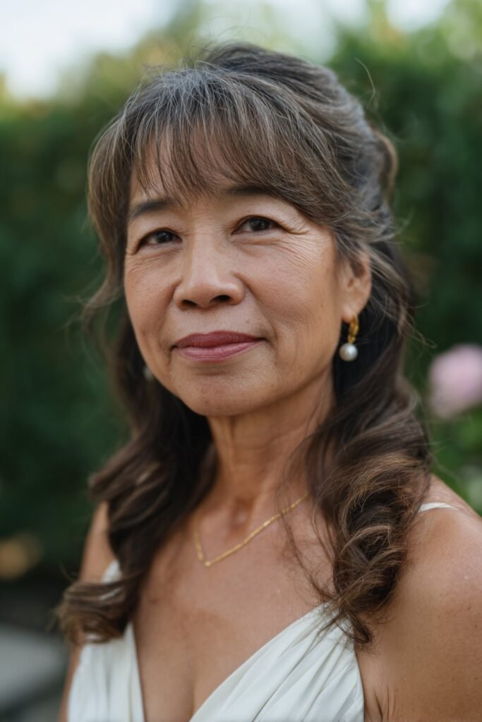 feathered bangs with barrel curls elegant mature hairstyle