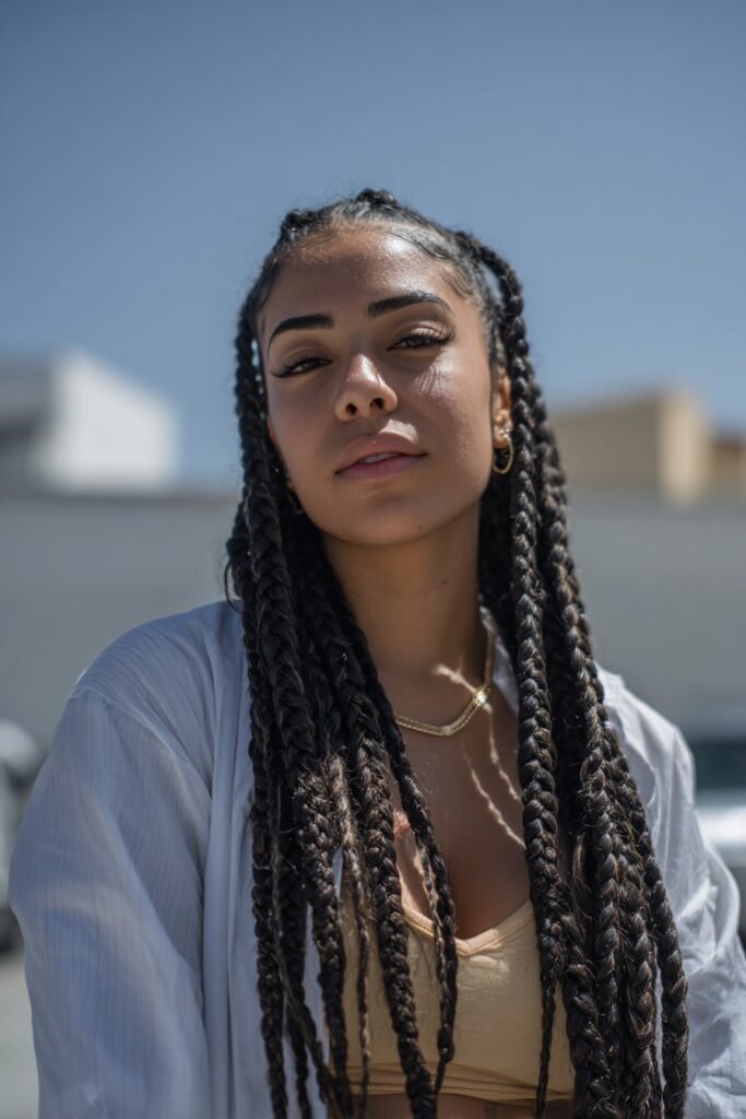 woman with feed in braids hairstyle, natural blended braids