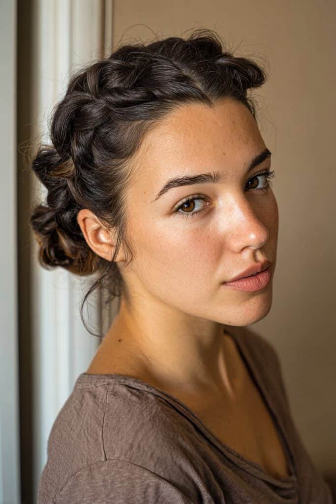 woman with fishtail braid low bun hairstyle, textured woven detail