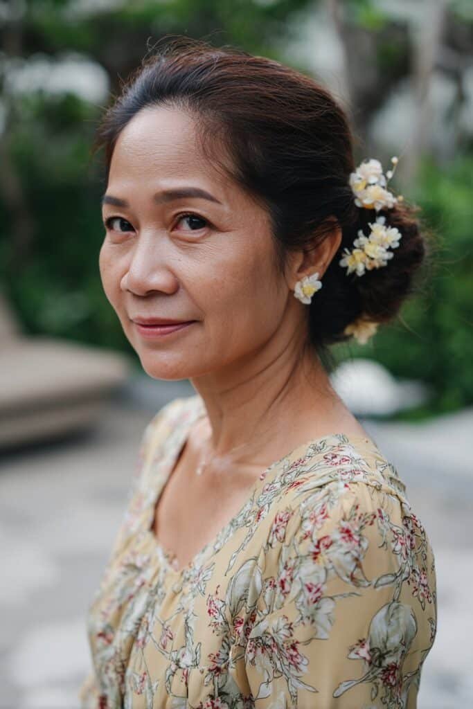 mother of the bride floral updo hairstyle for summer wedding