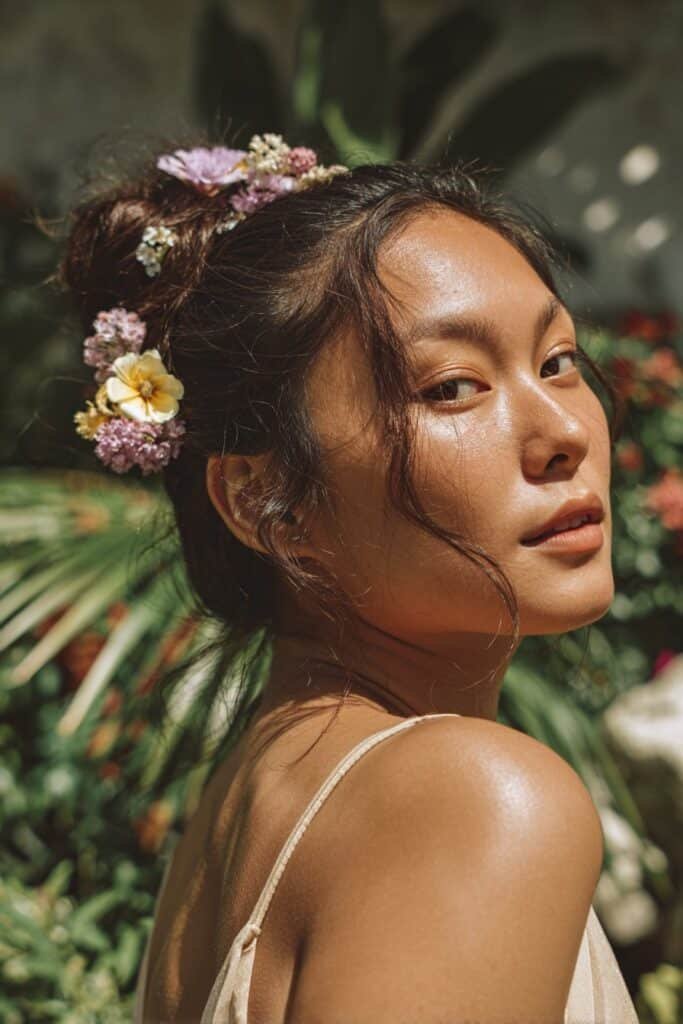 woman with floral low bun hairstyle, delicate flowers around bun