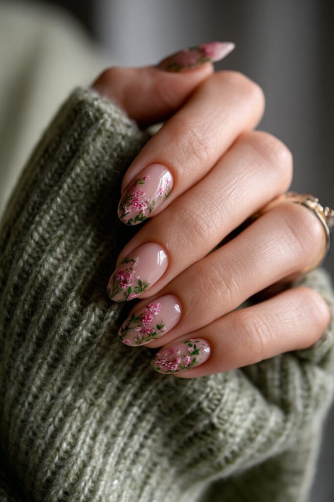 Floral nails with soft blossoms and green leaf details.