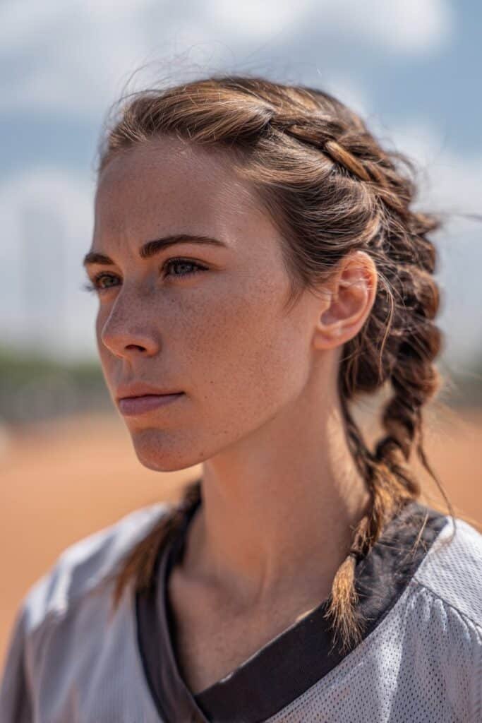 girl with French braid short hair, clean softball hairstyles look