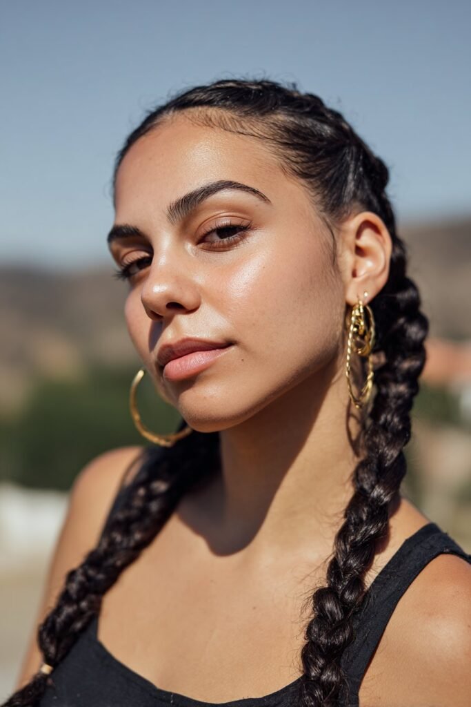 woman with french braid hairstyle, classic woven braid