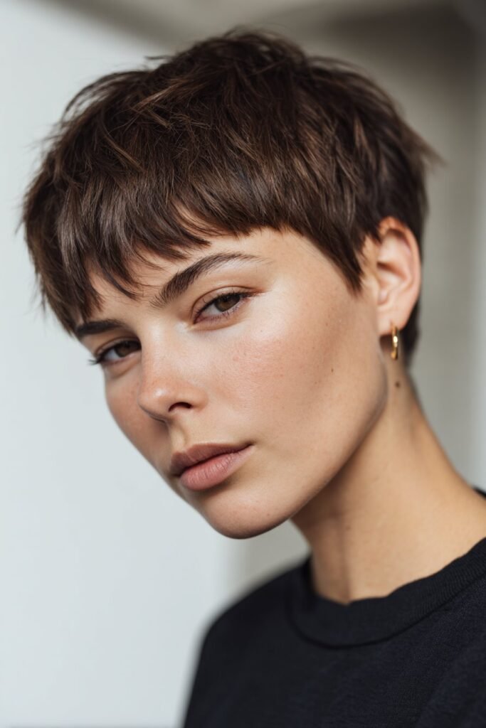 French crop with short textured layers and straight fringe, neat hairstyle
