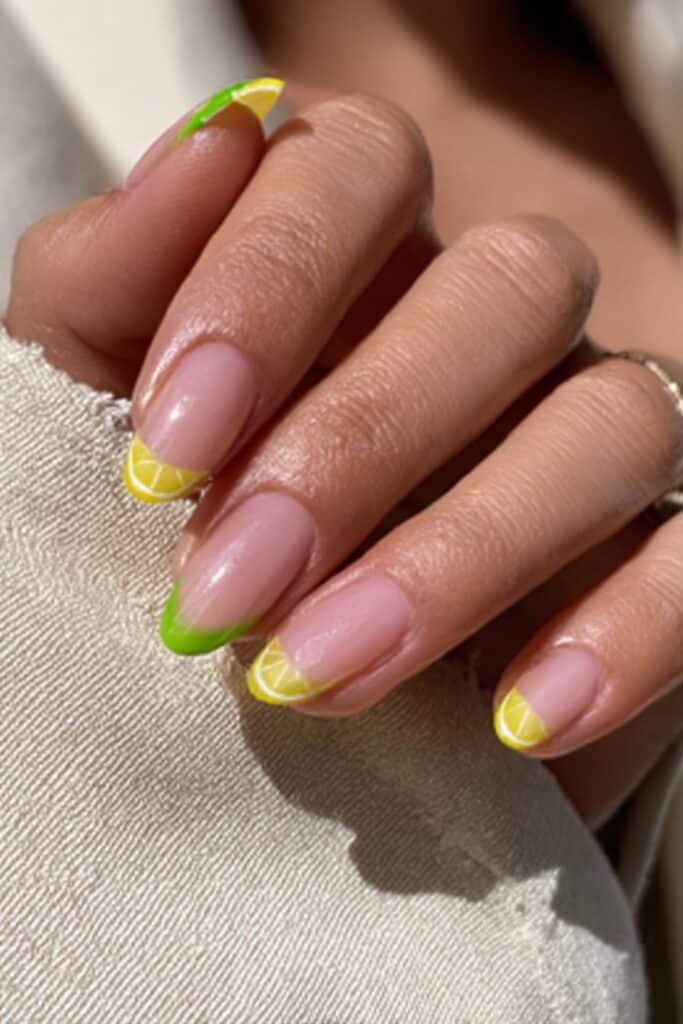 French manicure with lemon yellow tips and tiny lemon slice details.