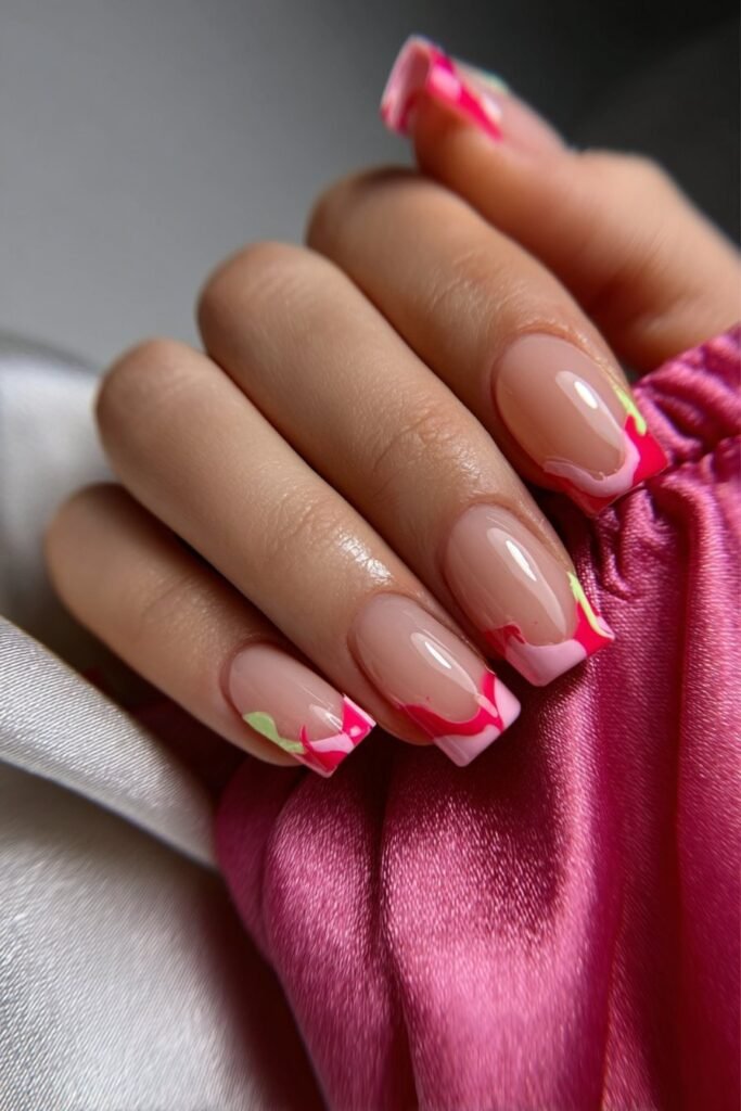 Square nails with colorful modern french tip design.