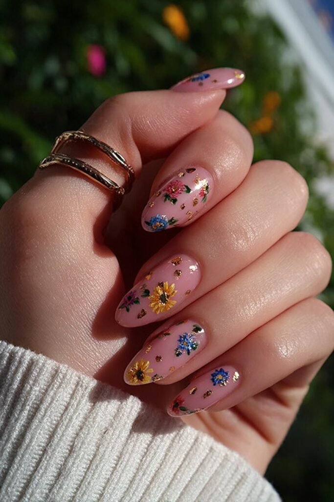 Pastel nails with delicate floral accents and gold foil details.