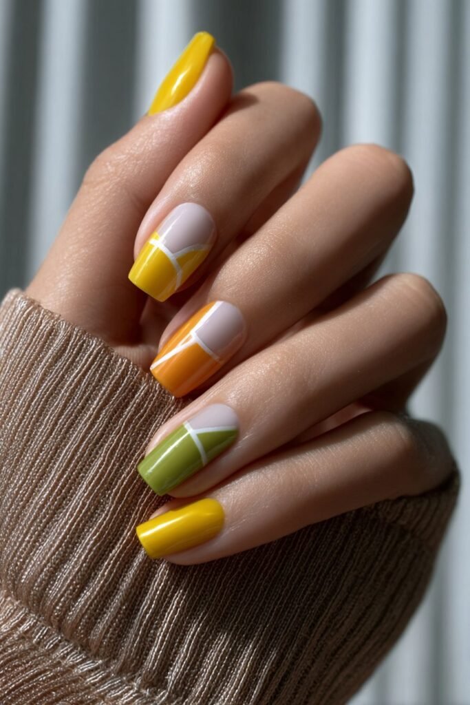 Geometric nails in lemon yellow, white, and pastel orange with bold clean lines.