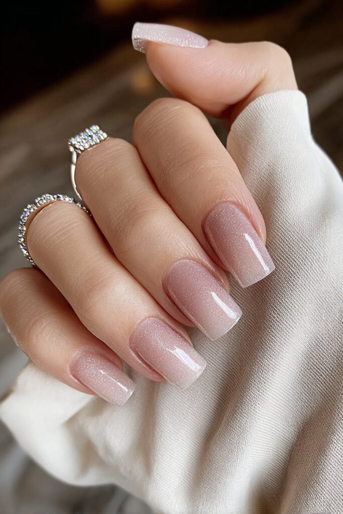 Square nails with subtle shimmer and rhinestone accents.