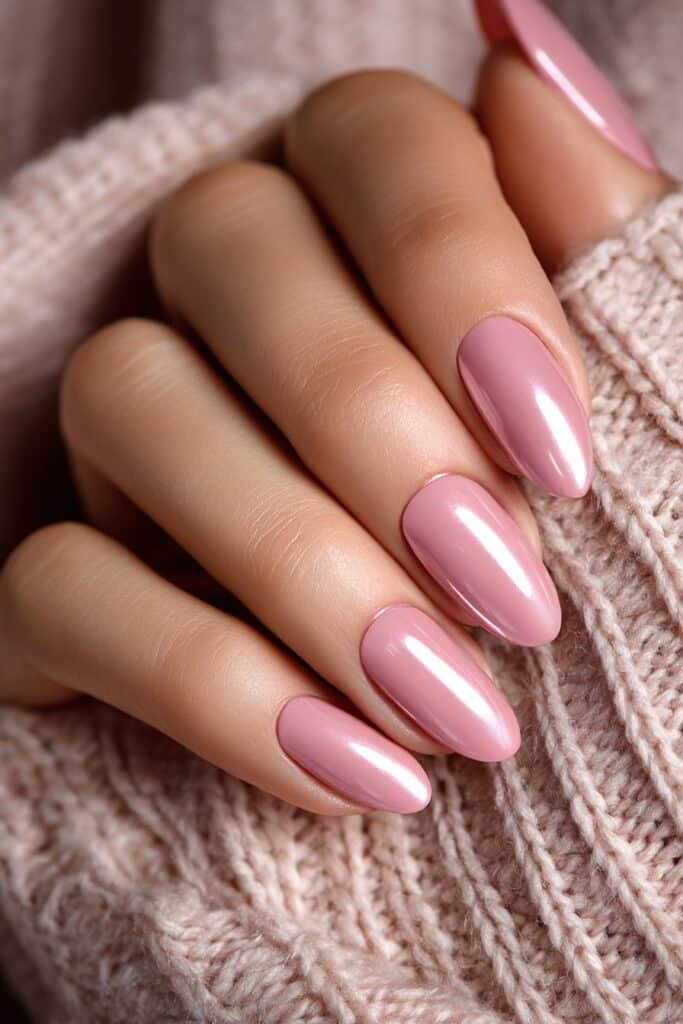 Soft pink glazed donut nails with glossy pearly chrome shine.