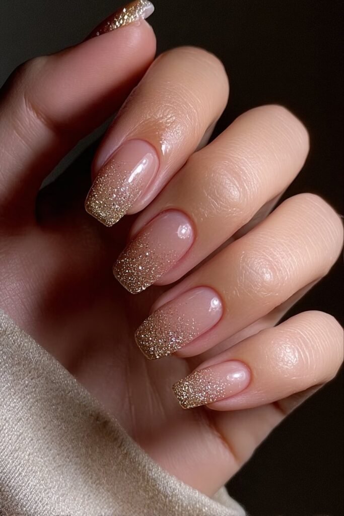 Square nails with gold glitter ombre fading from nude base.