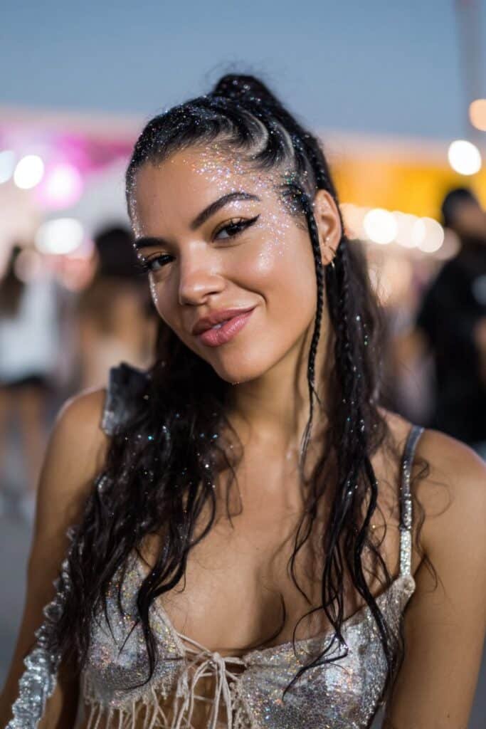glitter roots hairstyle festival look with loose hair