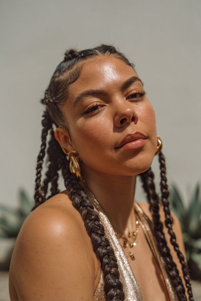 woman with goddess braids hairstyle, large scalp braids